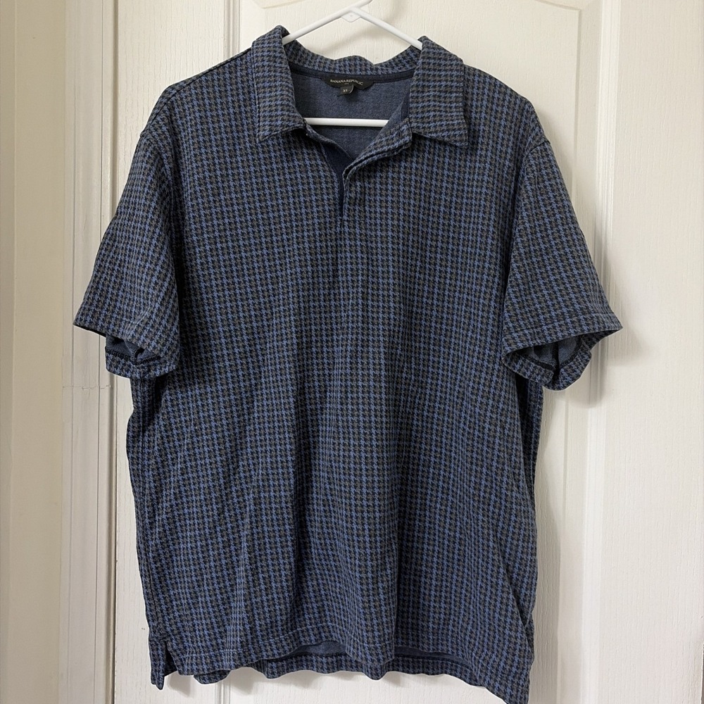 Banana Republic Polo Shirt Mens XL Blu Houndstooth Short Sleeve Knit Soft Cotton